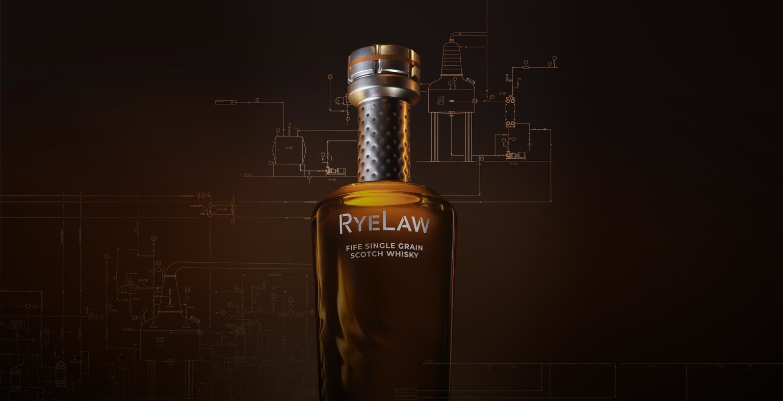 A bottle of Ryelaw Fife whisky against a brown background