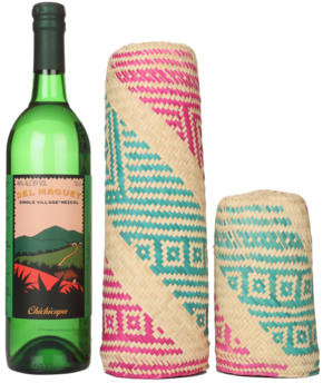 A bottle of Del Maguey Mezcal Chichicapa and its free gift bottle sleeve.
