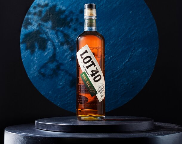 A bottle of Lot40 Whisky.