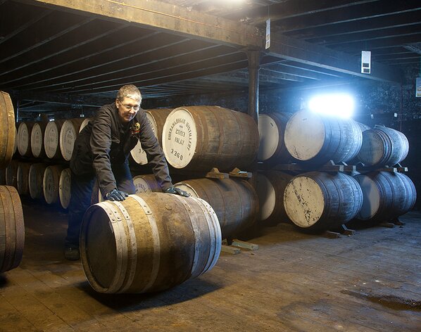 Image of barrels in storage at the Bunnahabhain Distillery