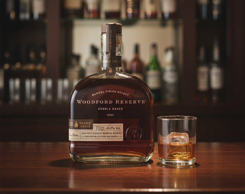 A bottle of Woodford Reserve 
Double Oaked and old fashioned cocktail