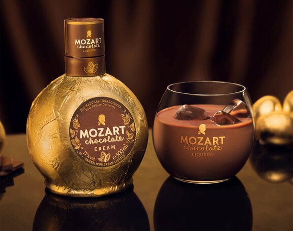 A bottle of Mozart Gold Chocolate Cream Liqueur.