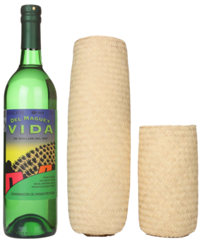 A bottle of Del Maguey Mezcal Vida and its free gift bottle sleeve.