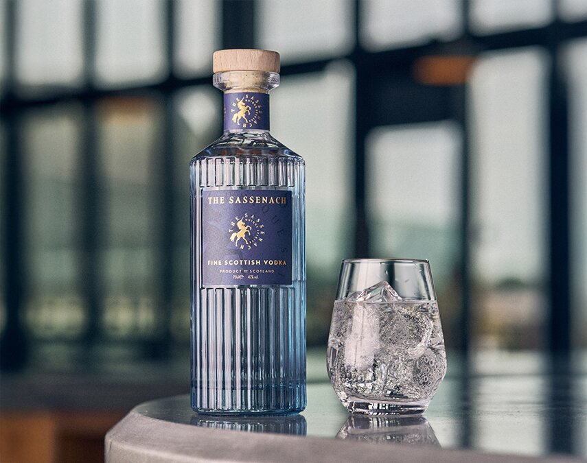 The Sassenach Fine Scottish Vodka with a glass of Vodka soda.