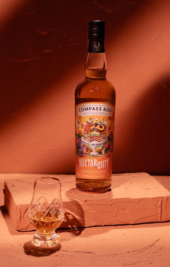 Compass Box Nectarosity whisky bottle with tasting glass