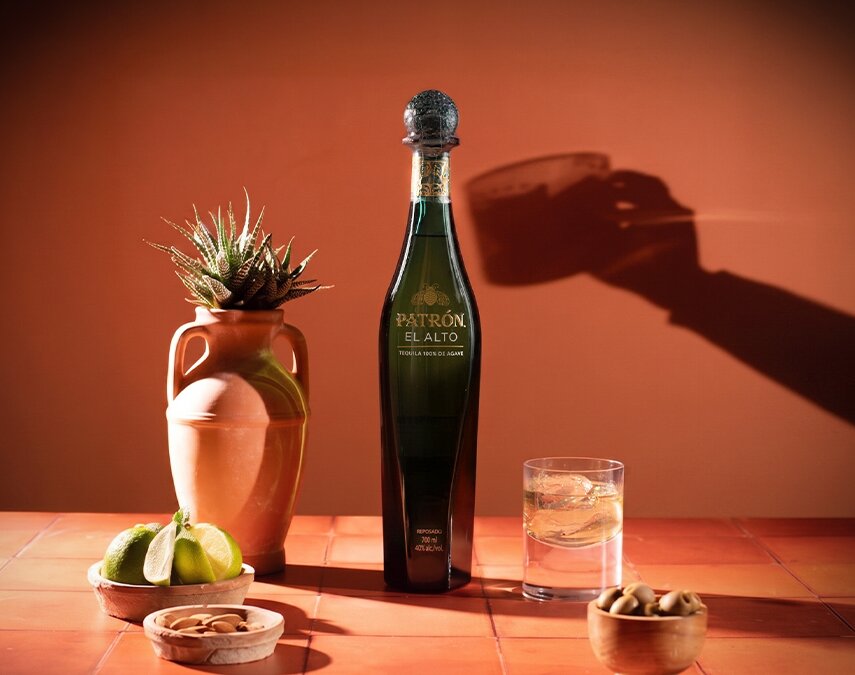 A bottle of Patrón El Alto tequila.