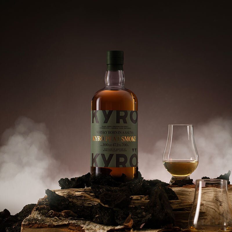 A bottle of Kyrö Peat Smoke Malt Rye Whisky.