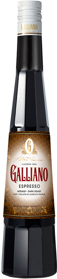 Galliano Espresso bottle with two branded glasses