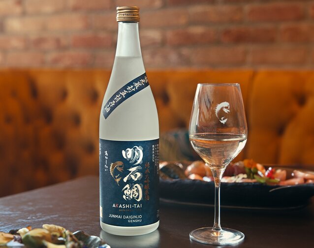 A bottle of Akashi-Tai Junmai Daiginjo Genshu.