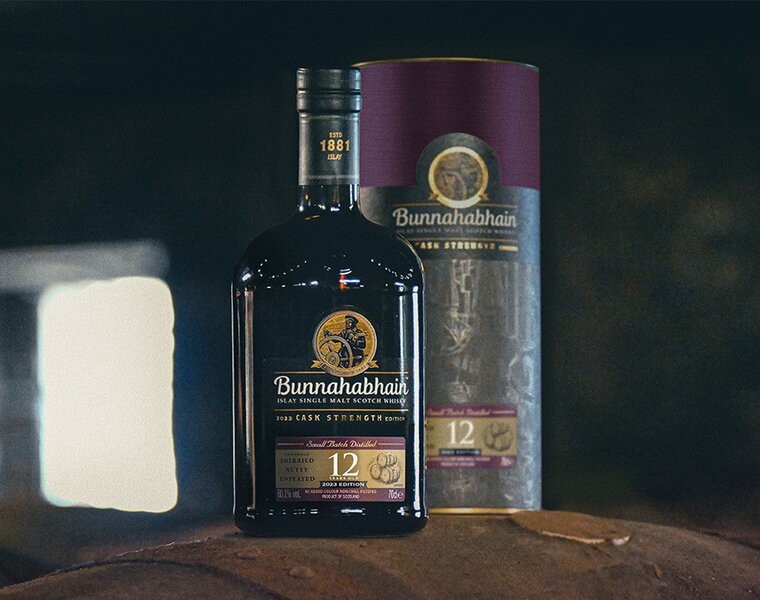 A bottle of Bunnahabhain 12 Year Old Cask Strength - 2023 Edition with presentation box