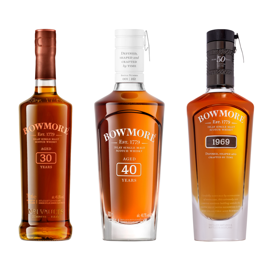 Bottles of 30, 40 and 1969 Bowmore whiskies