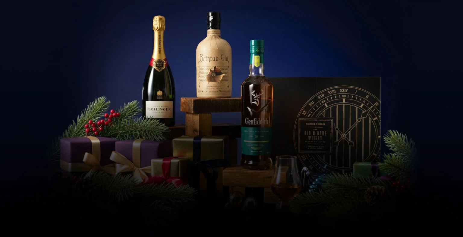 A selection of slcoholic bottles and tasting sets for Christmas gifts