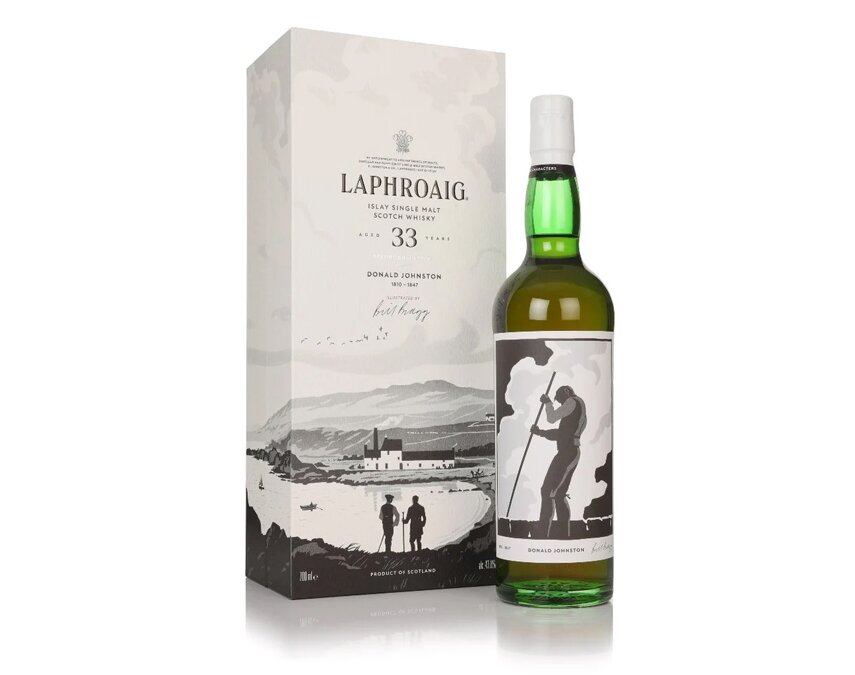 A bottle of Laphroaig 33 Year Old Strong Characters - Donald Johnston