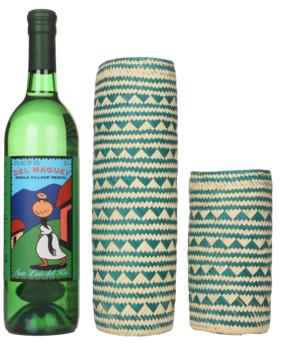 A bottle of Del Maguey Mezcal San Luis del Rio Mezcal and its free gift bottle sleeve.