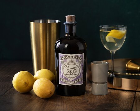 A bottle of Monkey 47 gin with a gift set with jigger. 