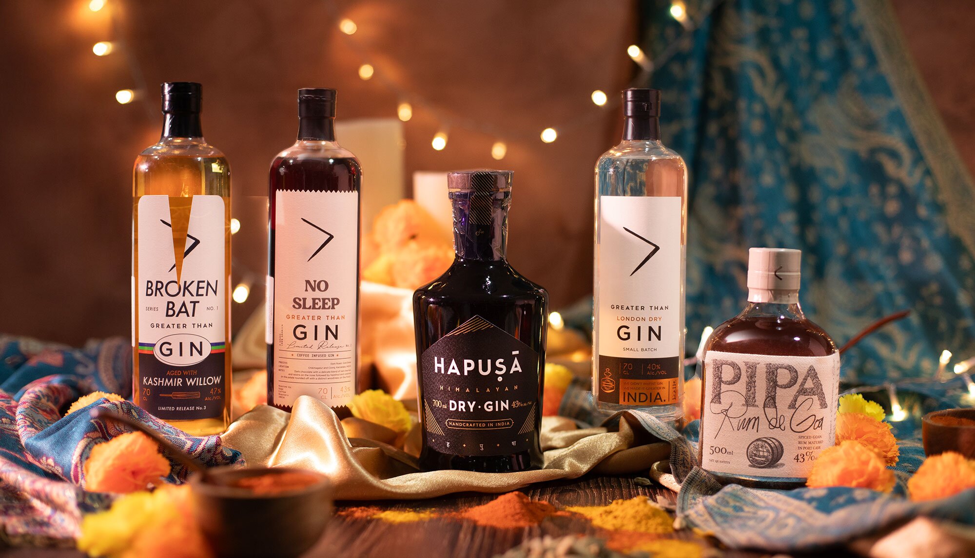 Spirit of India at Master of Malt, showing bottles of Broken Bat Gin, No Sleep Greater Than Gin, Hapusa Dry Gin, Greater Than Gin, Pipa Rum