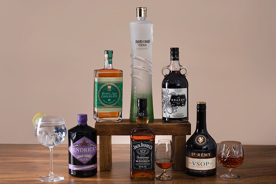 Bottles of gin, rum and vodka.