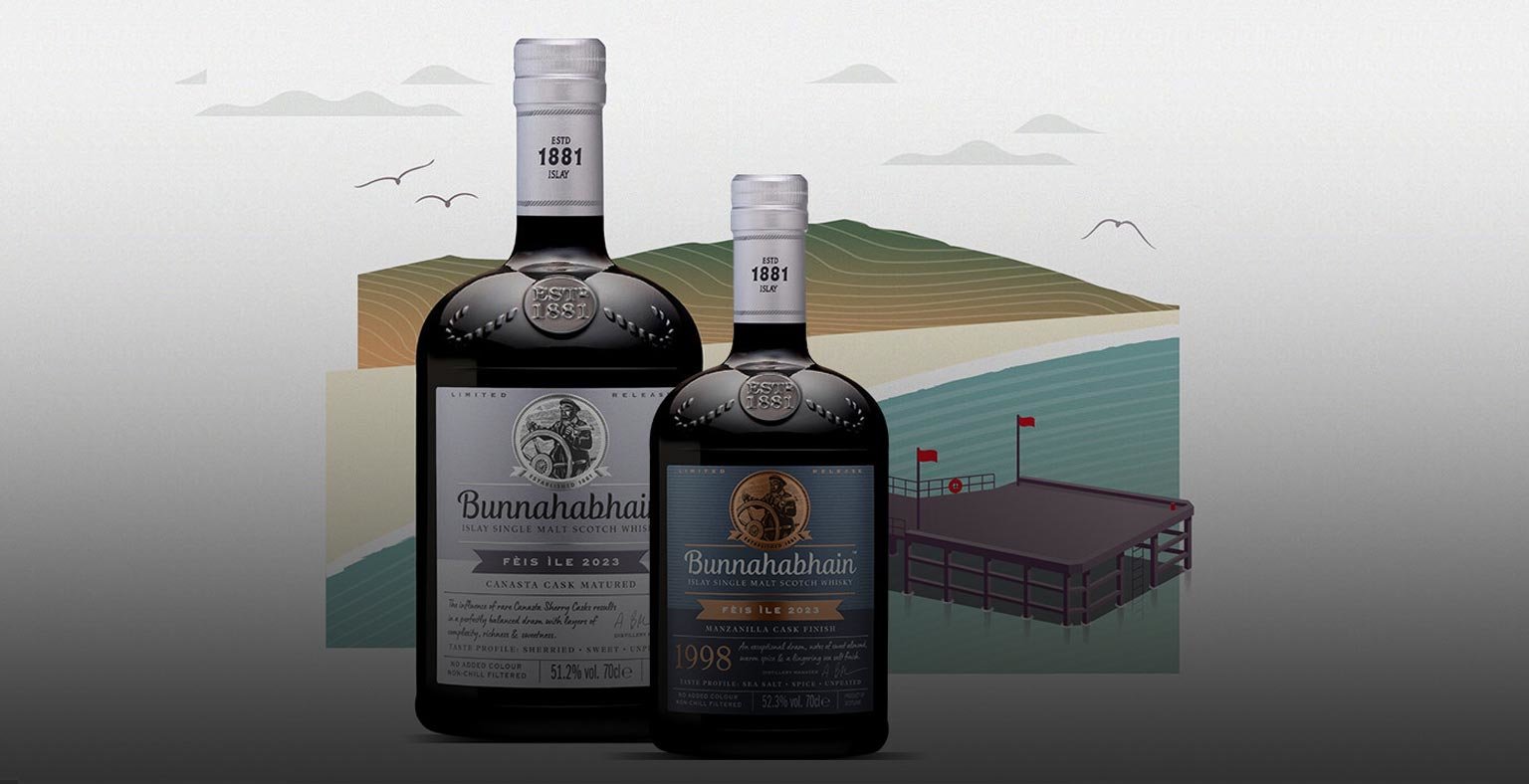 Two bottles of Bunnahabhain's 2023 Fèis Ìle bottlings against a drawing of the sea and a pier. 