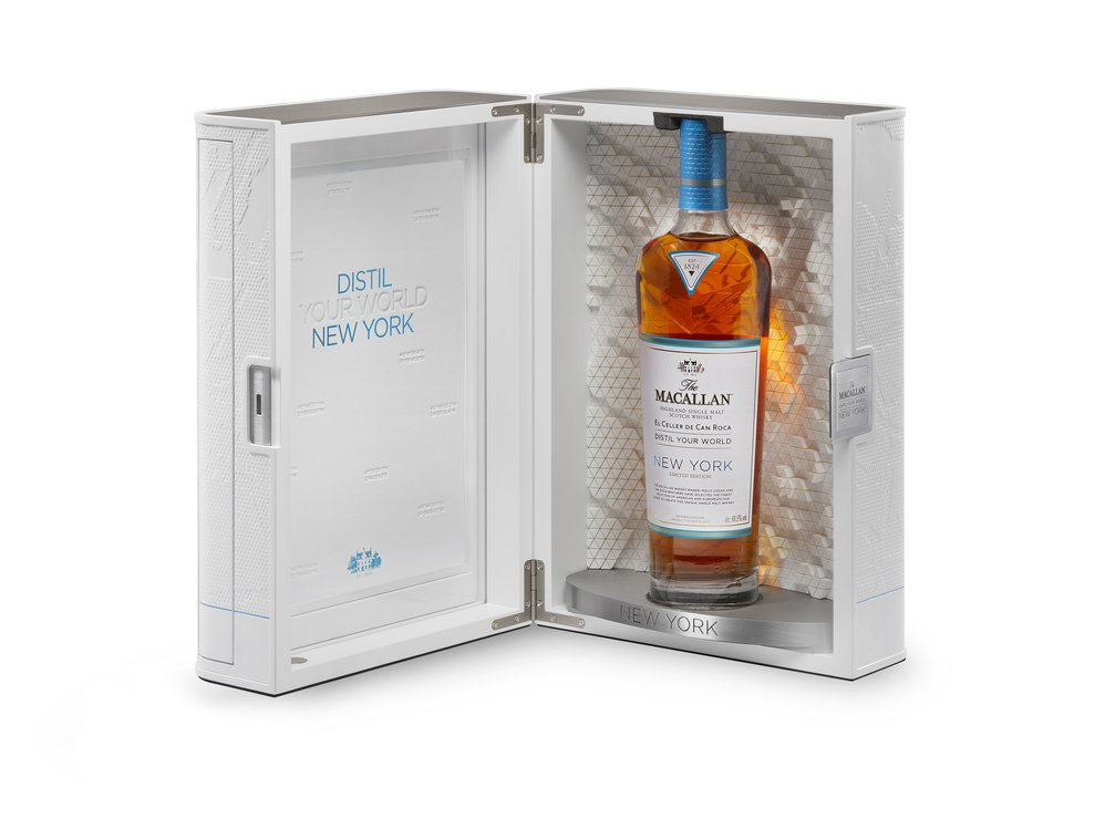 Macallan whisky bottle inside open presentation box