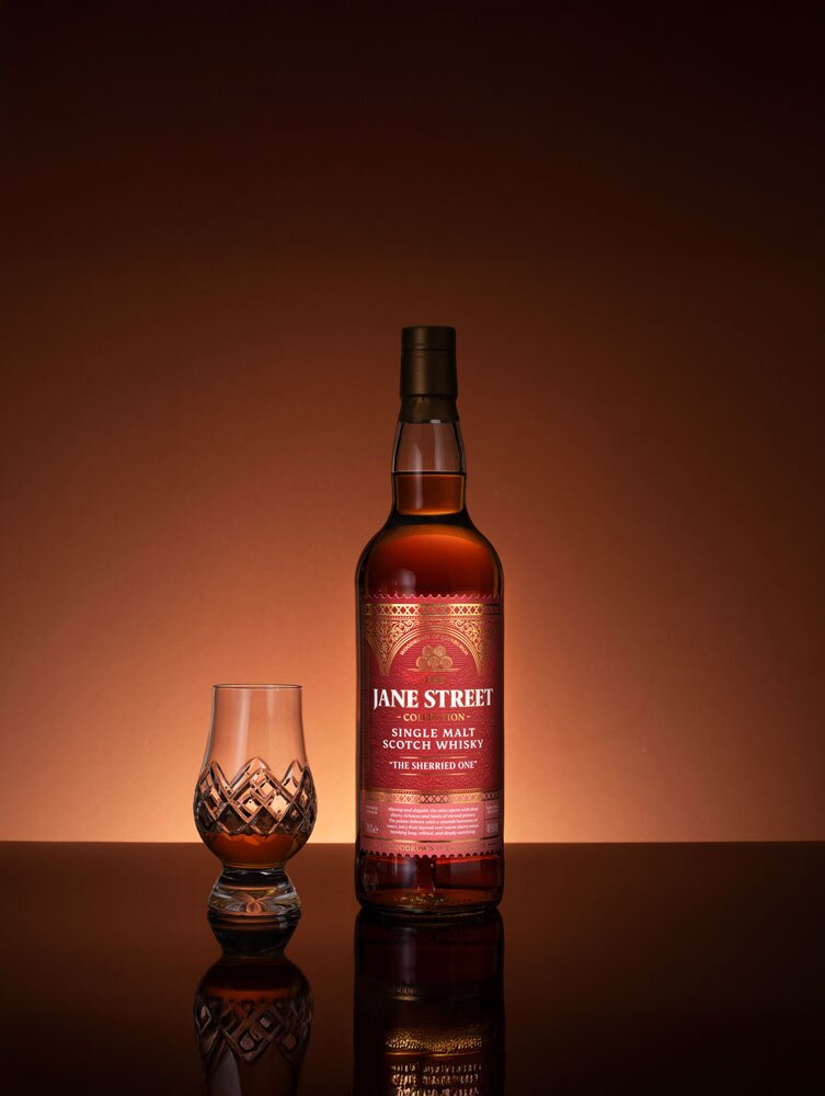 Jane Street The Sherried One whisky bottle with tasting glass