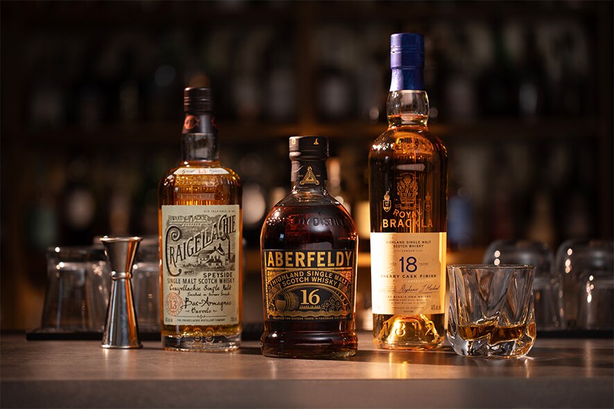 Bottles of whisky from Aberfeldy Craigellachie and Royal Brackla.