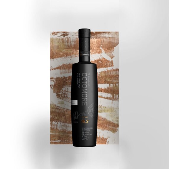 A bottle of Octomore 15.2 against a peat background in the shape of a square.