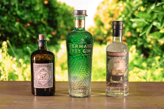 Bottles of gin on a blurred floral background.