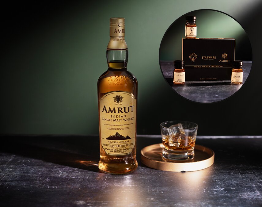 A bottle of Amrut Single Malt.