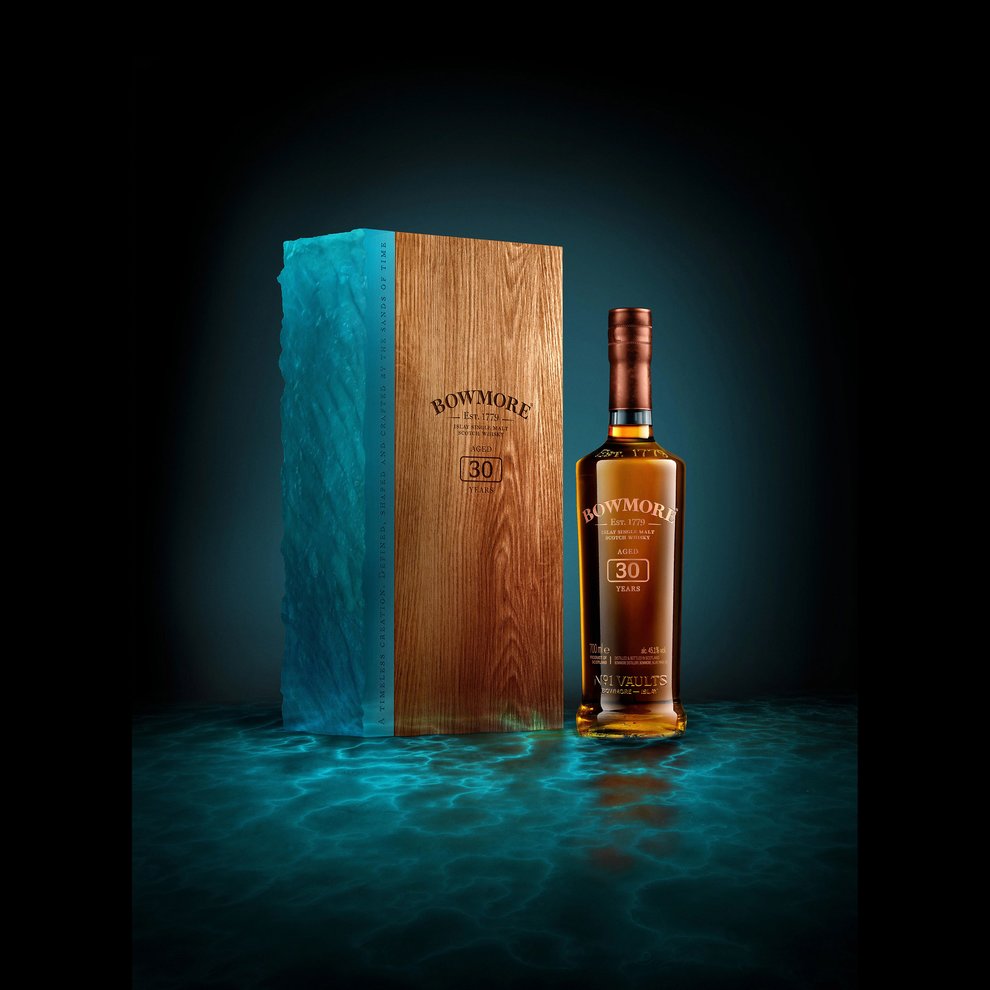 Bottle of Bowmore 30 year old with wooden presentation box