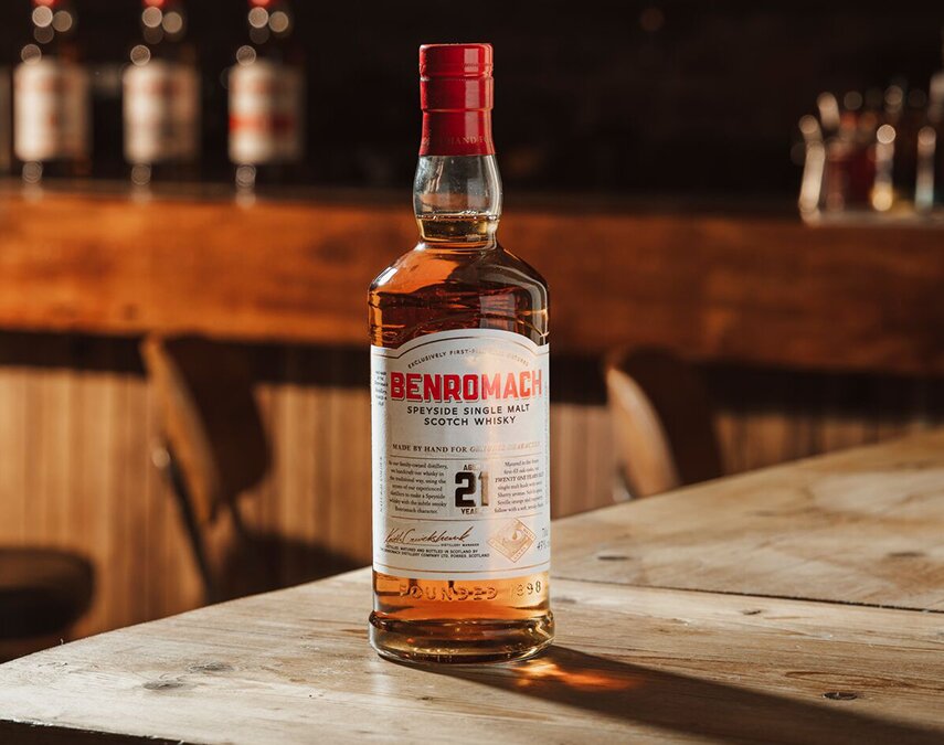 A bottle of Benromach 21 Year Old