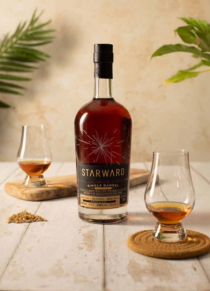 Starward Single Red Wine Barrel (Pour & Sip exclusive) whisky bottle with glasses