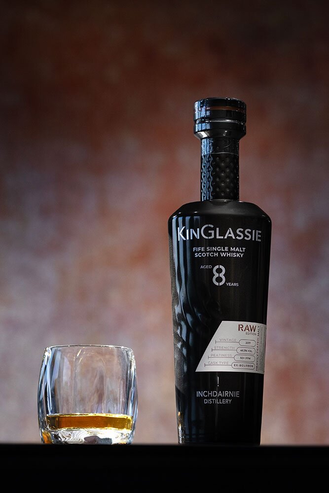 Kinglassie Raw whisky bottle with glass