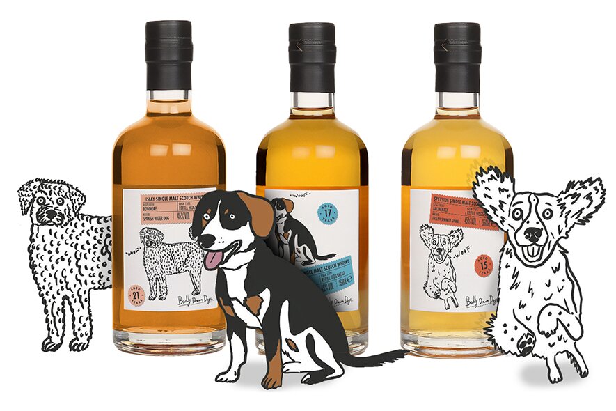 Three bottles of Badly Drawn Dogs whisky