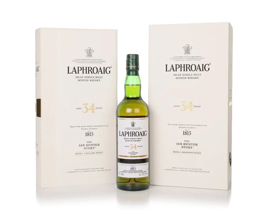 A bottle of Laphroaig 34 Year Old - The Ian Hunter Story Book 5: Enduring Spirit