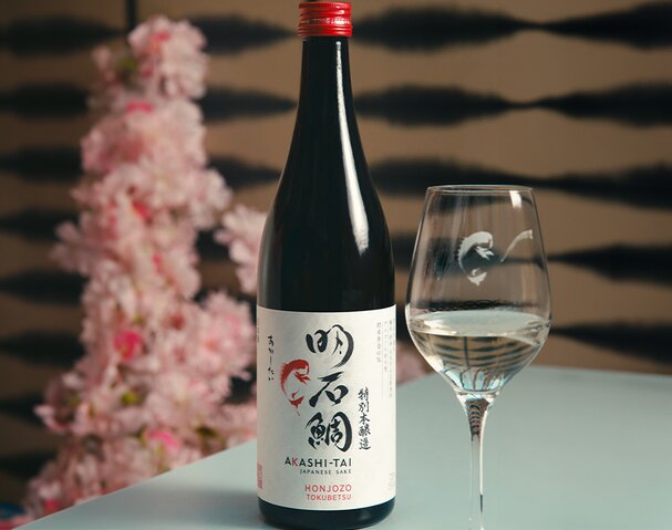 A bottle of Akashi-Tai Honjozo Tokubetsu. 