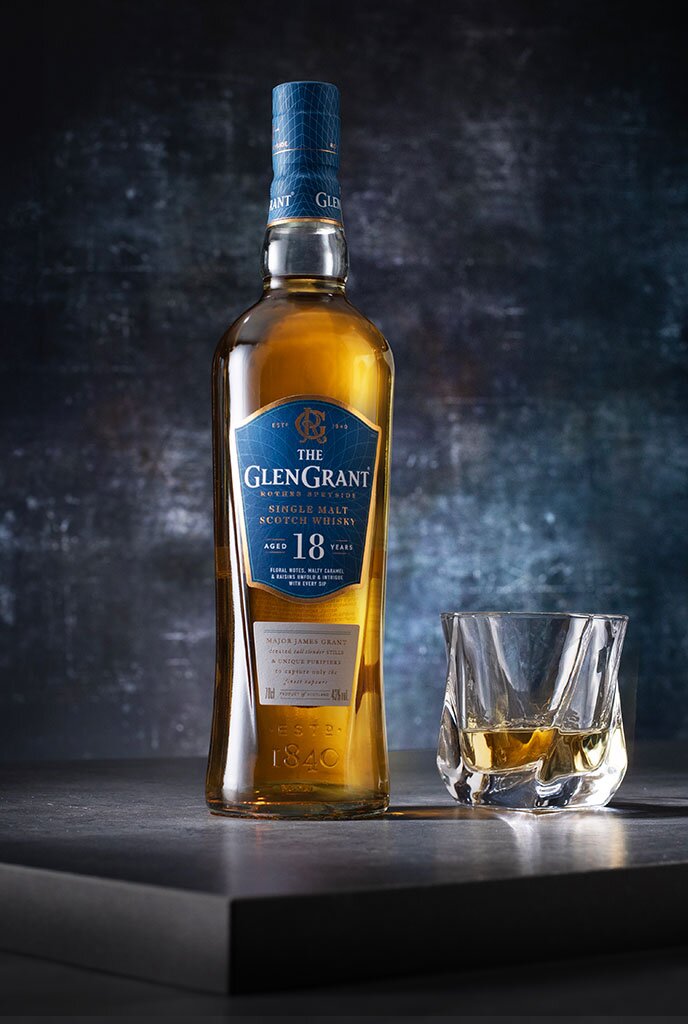 Glen Grant 18 Year Old whisky bottle and glass
