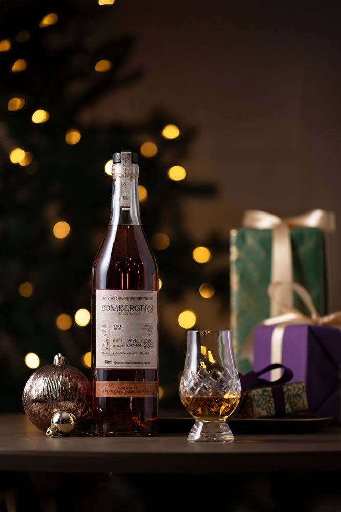 Bomberger's Declaration 2025 whiskey bottle with Christmas background