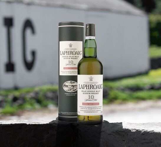A bottle of Laphroaig 10 year old original cask strength 2000