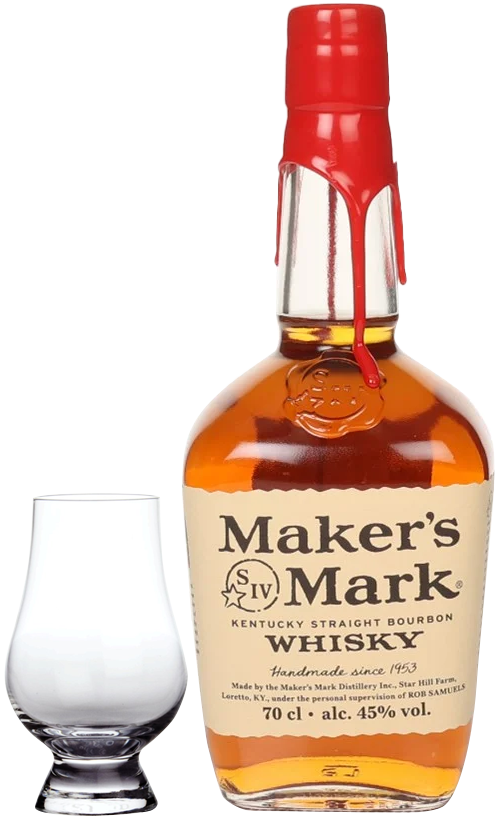 A botte of Maker's Mark Whiskey 70cl with a Glencairn Tasting Glass
