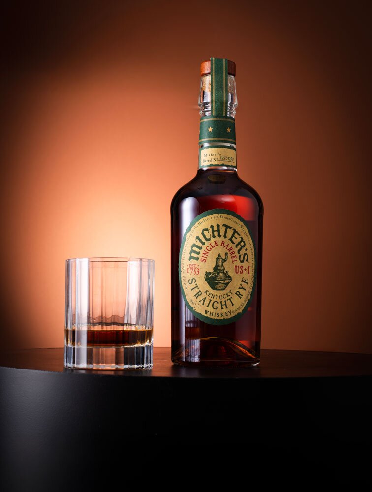 Michter's US*1 Straight Rye whiskey bottle with glass