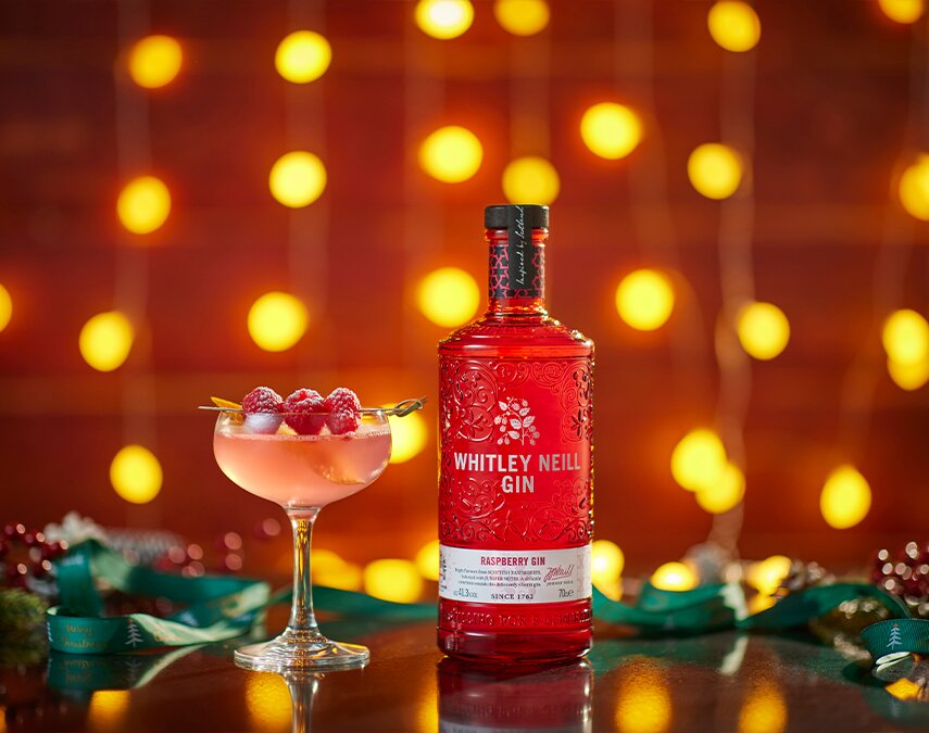 A bottle of Whitley Neill Raspberry Gin.