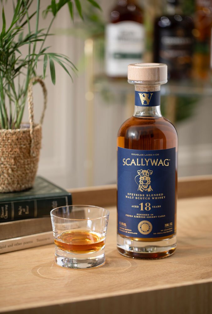 Scallywag 18 Year Old Pedro Ximénez Finish whisky bottle with glass