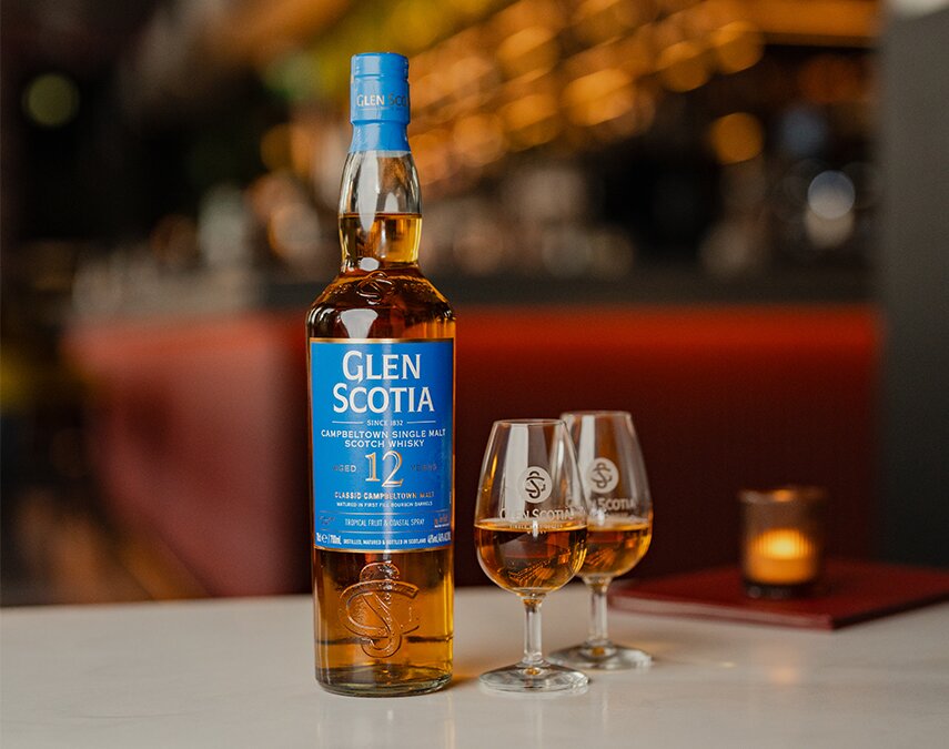 Glen Scotia 12 Year Old and two glasses of whisky