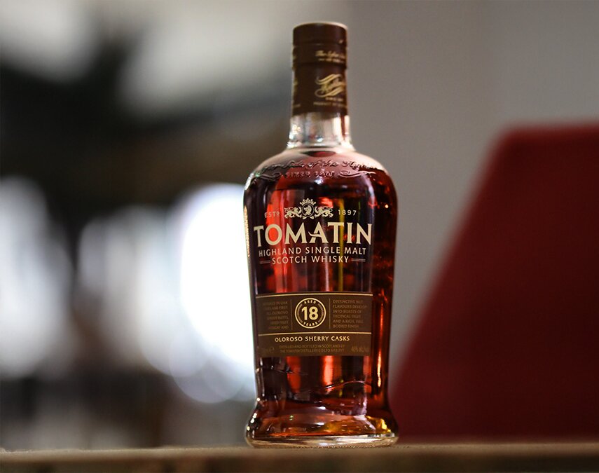 A bottle of Tomatin 18 Year Old Oloroso Sherry Casks