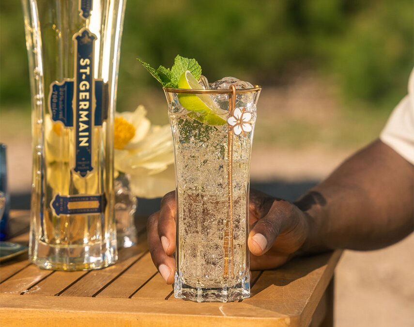 A bottle of St-Germain Hugo Spritz cocktail.