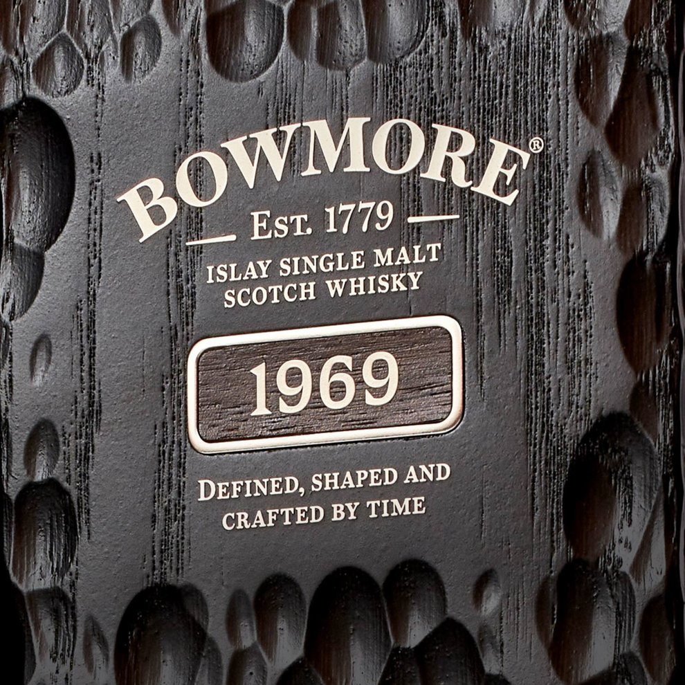 Close-up of Shou Sugi Ban charred wooden presentation box for Bowmore 1969 whisky