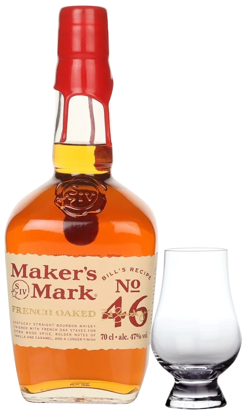 A bottle of Maker's Mark 46 Whiskey 70cl with a Glencairn Tasting Glass