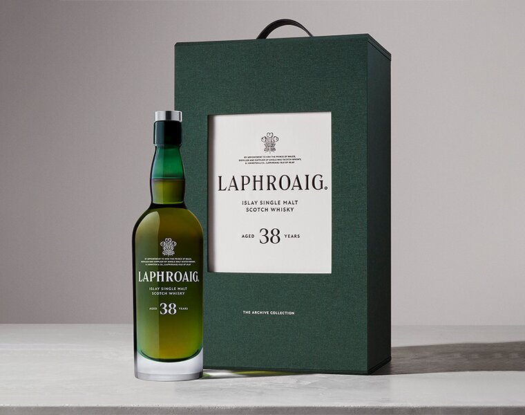 A bottle of Laphroaig 38 Year Old Archive Collection whisky with presentation box.