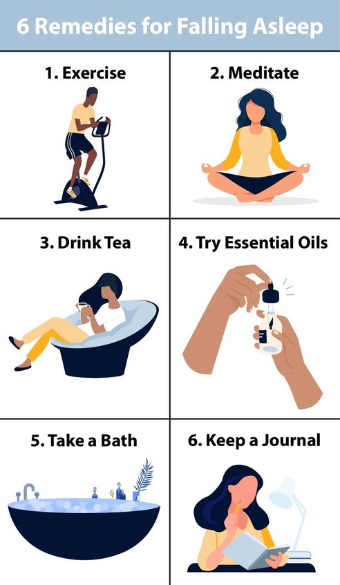 Illustration showing 6 natural ways to fall asleep faster: exercise, meditation, drinking tea, essential oils, taking a bath, and keeping a journal