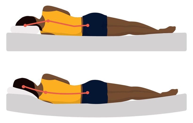 Illustration showing side sleeper spinal misalignment on a mattress that's too firm and a mattress that's too soft.
